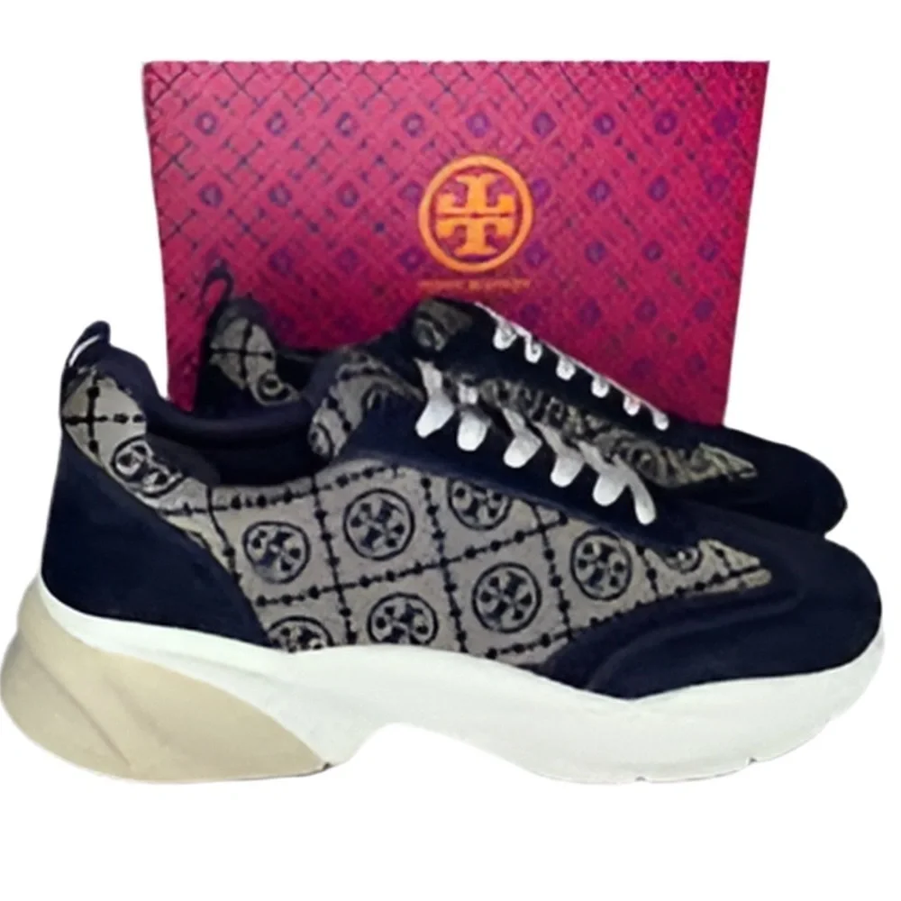 🔥🔥Authentic Tory Burch T Monogram Good Luck Sneakers M Navy Blue Monogram Size11